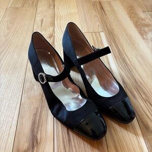 J. Crew Millie Mary Jane Black Satin Patent Leather Cap Toe Heels